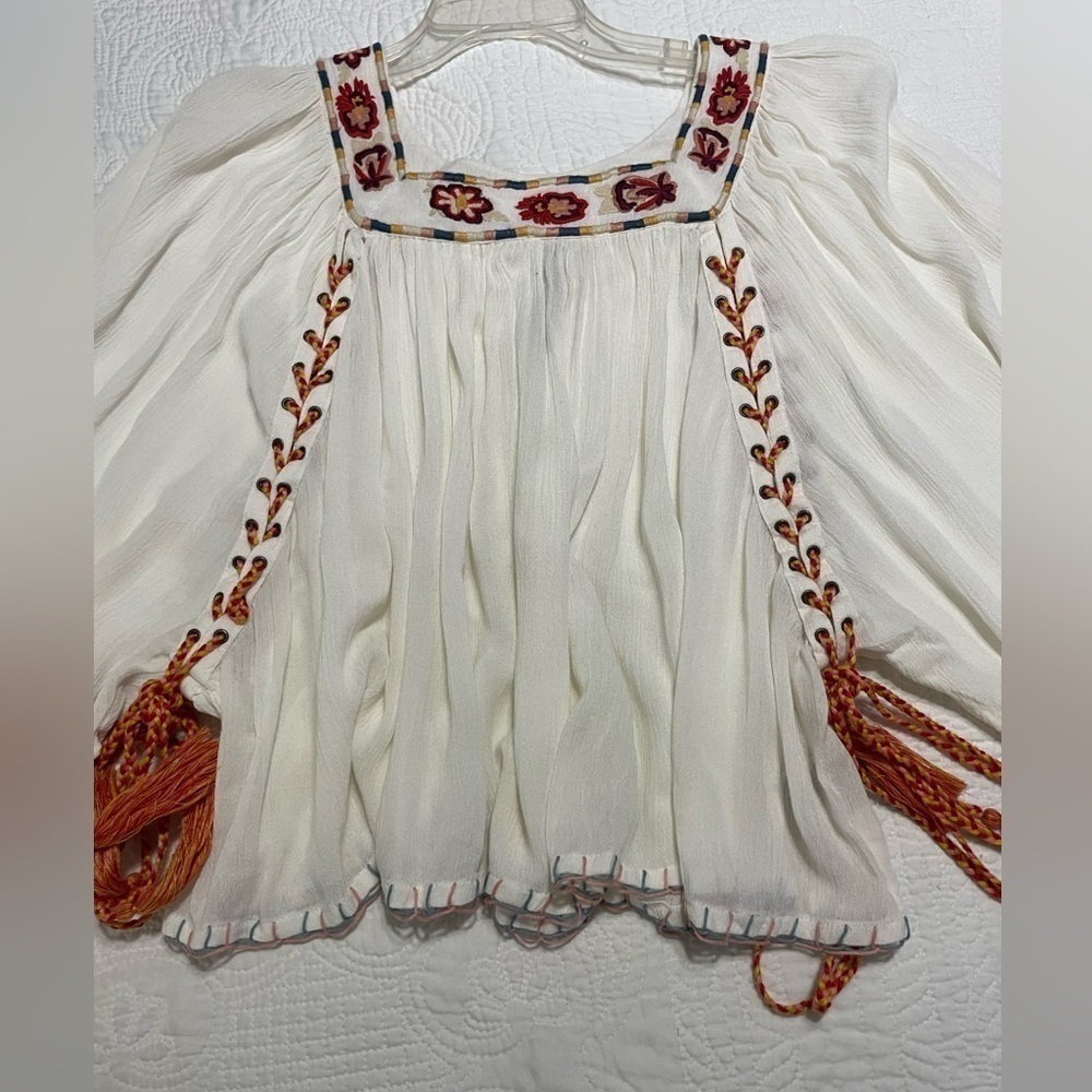 ban jara Boho Festival Embroidered Peasant top White SZ Small - Picture 10 of 14